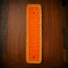 Load image into Gallery viewer, Front Fender Bib, Multiple Colors Of Alligator Print Leather, On Indian Tan Leather, Made To Fit Any Bike