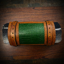 Load image into Gallery viewer, Bedroll for Motorcycles - Generation 2, Alligator Print Leather, On Indian Tan Leather
