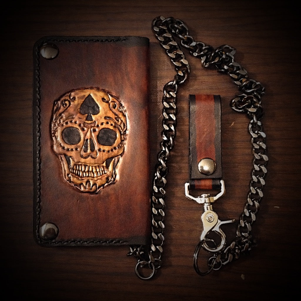Long Biker Leather Wallet with Chain - Sugar Skull, Brown – Forged