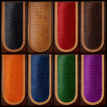 Load image into Gallery viewer, Fender Bib - Choice Of Alligator Print Leather Color, On Indian Tan Leather, Made To Fit Any Bike