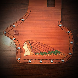 Heat Shield - Female Warbonnet Art, Metal Studs, & Suede Backing, You Choose the Color of Stitching- Fits Indian Chief, Chieftain, Springfield, Vintage and Roadmaster