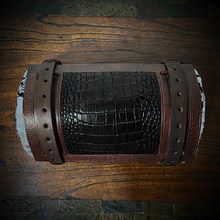 Load image into Gallery viewer, Bedroll for Motorcycles - Generation 2, Alligator Print Leather, On Brown Leather