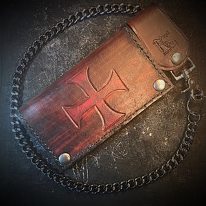 Long Biker Leather Wallet with Chain 
- Custom Art, Brown