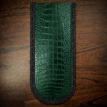 Load image into Gallery viewer, Fender Bib - Choice Of Alligator Print Leather Color, On Black Leather, Made To Fit Any Bike