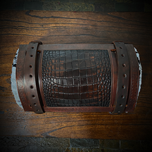 Load image into Gallery viewer, Bedroll for Motorcycles - Generation 2, Alligator Print Leather, On Brown Leather