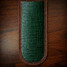 Load image into Gallery viewer, Fender Bib - Choice Of Alligator Print Leather Color, On Brown Leather, Made To Fit Any Bike