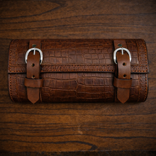 Load image into Gallery viewer, Tool Bag for Motorcycles - Alligator Print Leather, On Brown Leather