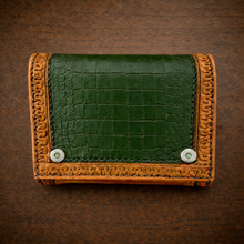 Load image into Gallery viewer, Motorcycle Handlebar Bag - Alligator Print With Different Colors To Choose, On Indian Tan Leather, Customized To Fit Any Bike