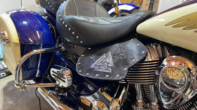 Heat Shield - Viking Valknut Art, Metal Studs, & Suede Backing, You Choose the Color of Stitching- Fits Indian Chief, Chieftain, Springfield, Vintage and Roadmaster