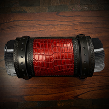 Load image into Gallery viewer, Bedroll for Motorcycles - Generation 2, Alligator Print Leather, On Black Leather