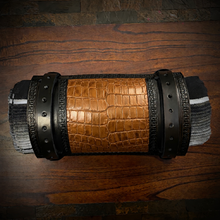 Load image into Gallery viewer, Bedroll for Motorcycles - Generation 2, Alligator Print Leather, On Black Leather