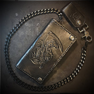 Long Biker Leather Wallet with Chain - Custom Art, Black