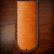 Load image into Gallery viewer, Fender Bib - Choice Of Alligator Print Leather Color, On Brown Leather, Made To Fit Any Bike