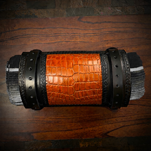 Load image into Gallery viewer, Bedroll for Motorcycles - Generation 2, Alligator Print Leather, On Black Leather