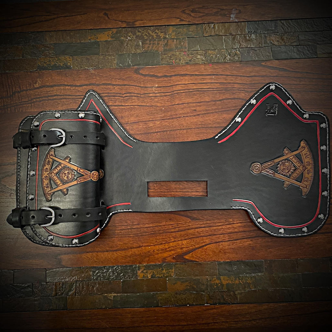 Heat Shield - Masonic Art Black, W/ Pouch, Metal Studs, & Suede Backing, You Choose the Color of Stitching- Fits Indian Chief, Chieftain, Springfield, Vintage and Roadmaster