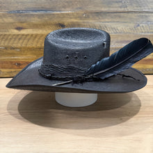 Load image into Gallery viewer, Hellbound Backroads, Revenant Straw Hat, Black Bangora, Genuine Shark Skin, Python &amp; Leather Barbed Wire Band, With A Black Turkey Feather (Ships Now) Size 7 1/4, 58cm