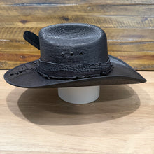 Load image into Gallery viewer, Hellbound Backroads, Revenant Straw Hat, Black Bangora, Genuine Shark Skin, Python &amp; Leather Barbed Wire Band, With A Black Turkey Feather (Ships Now) Size 7 1/4, 58cm