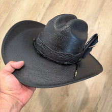 Load image into Gallery viewer, Hellbound Backroads, Revenant Straw Hat, Black Bangora, Genuine Shark Skin, Python &amp; Leather Barbed Wire Band, With A Black Turkey Feather (Ships Now) Size 7 1/4, 58cm