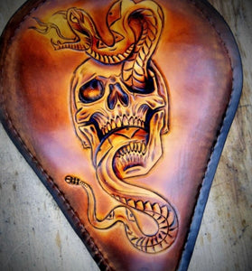 Chopper/Bobber Pan seat - Skull & Snake Art, Brown