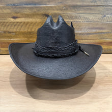 Load image into Gallery viewer, Hellbound Backroads, Revenant Straw Hat, Black Bangora, Genuine Shark Skin, Python &amp; Leather Barbed Wire Band, With A Black Turkey Feather (Ships Now) Size 7 1/4, 58cm