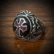 Load image into Gallery viewer, &#39;Deus Vult!&#39; - &#39;God Wills It&#39; Christian Crusaders Soldier Ring w/Red Zircon Gemstones