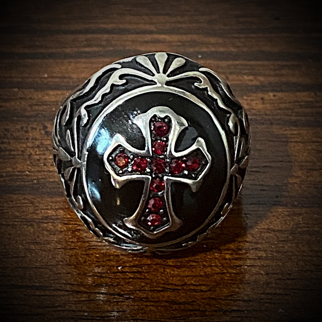 'Deus Vult!' - 'God Wills It' Christian Crusaders Soldier Ring w/Red Zircon Gemstones