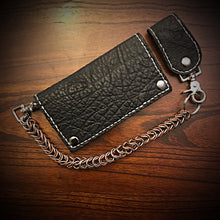 Load image into Gallery viewer, Long Biker Exotic Leather Wallet with Chain - Genuine Black Elephant w/ White Stitching