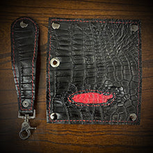 Load image into Gallery viewer, Long Biker Exotic Leather Wallet with Chain - Black American Alligator, w/ Rectum, Red Alligator Inlay
