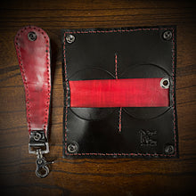 Load image into Gallery viewer, Long Biker Exotic Leather Wallet with Chain - Black American Alligator, w/ Rectum, Red Alligator Inlay
