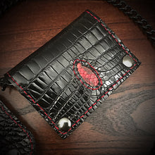 Load image into Gallery viewer, Long Biker Exotic Leather Wallet with Chain - Black American Alligator, w/ Rectum, Red Alligator Inlay