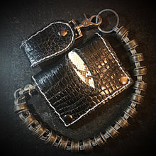 Load image into Gallery viewer, Long Biker Exotic Leather Wallet with Chain - Black American Alligator, w/ Rectum, Red Alligator Inlay