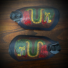 Load image into Gallery viewer, Leather Covered Handlebar Hand Guards, Quetzalcoatl Aztec Art