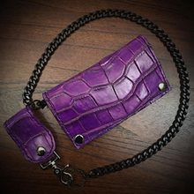Load image into Gallery viewer, Long Biker Exotic Leather Wallet with Chain - American Alligator Leather, Purple, Purple Interior, Purple Stitching