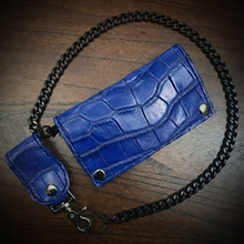 Load image into Gallery viewer, Long Biker Exotic Leather Wallet with Chain - American Alligator Leather, Blue, Blue Interior, Blue Stitching