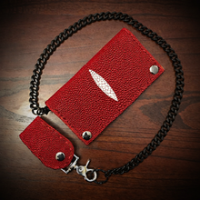 Load image into Gallery viewer, Long Biker Exotic Leather Wallet with Chain - Stingray, Red With White Mark