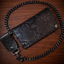 Load image into Gallery viewer, Long Biker Exotic Leather Wallet with Chain - Genuine Black Python