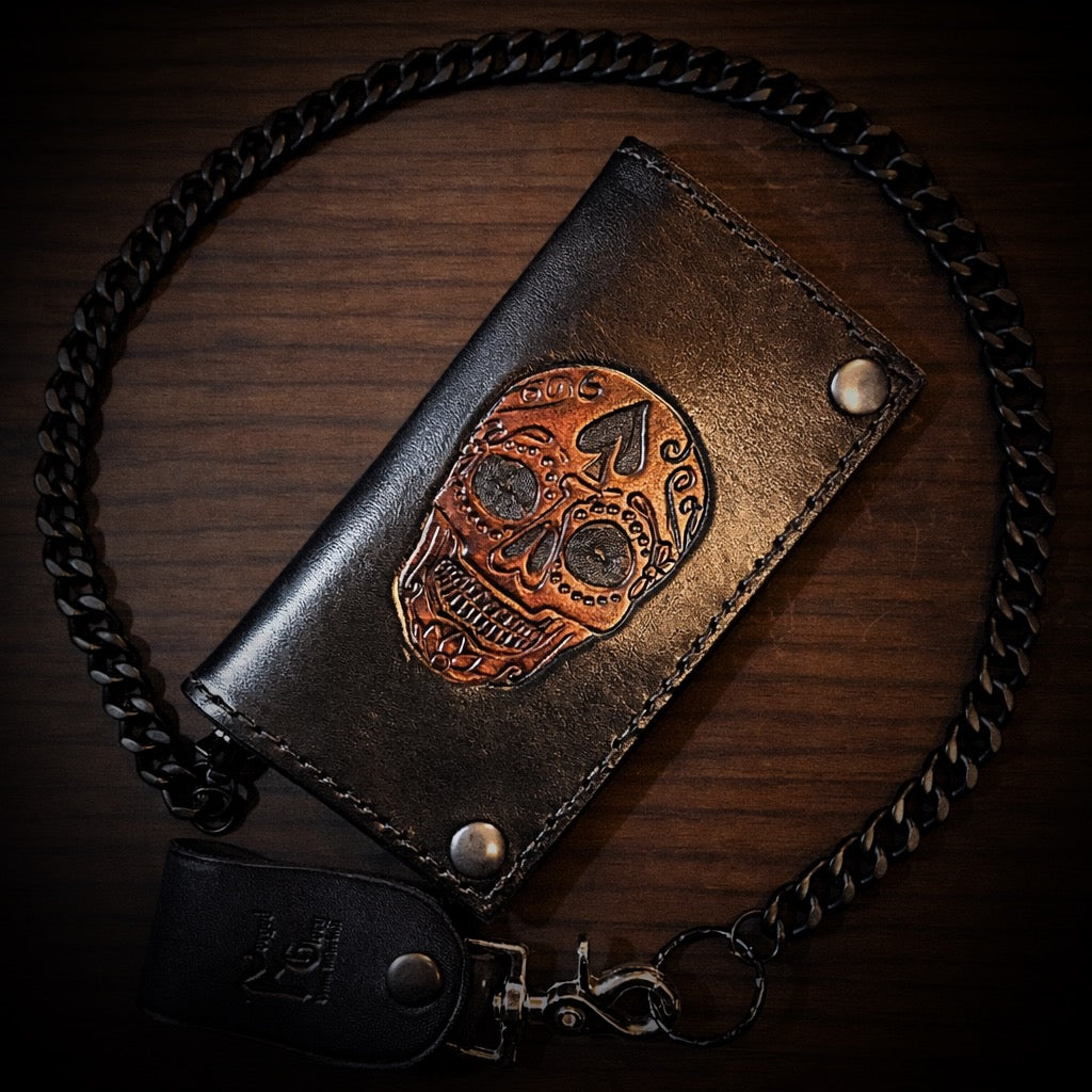 Long Biker Leather Wallet with Chain - Sugar Skull, Black – Forged