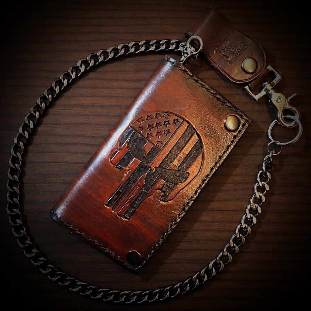 Long Biker Leather Wallet with Chain - Flag Skull, Brown – Forged