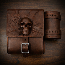 Load image into Gallery viewer, Rear Crash Bar Bag w/ Fuel Bottle/Cup Holder - Nightmare Skull, Brown