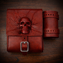 Load image into Gallery viewer, Rear Crash Bar Bag w/ Fuel Bottle/Cup Holder - Nightmare Skull, Red