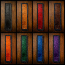 Load image into Gallery viewer, Front Fender Bib, Multiple Colors Of Alligator Print Leather, On Black Leather, Made To Fit Any Bike