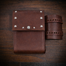 Load image into Gallery viewer, Rear Crash Bar Bag w/ Fuel Bottle/Cup Holder - W/ Dome Studs, Custom Art, Brown