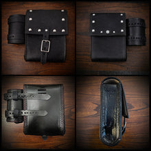 Load image into Gallery viewer, Rear Crash Bar Bag w/ Fuel Bottle/Cup Holder - W/ Dome Studs, Custom Art, Black