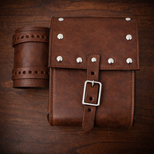 Load image into Gallery viewer, Rear Crash Bar Bag w/ Fuel Bottle/Cup Holder - W/ Dome Studs, Custom Art, Brown