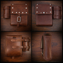 Load image into Gallery viewer, Rear Crash Bar Bag w/ Fuel Bottle/Cup Holder - W/ Dome Studs, Custom Art, Brown