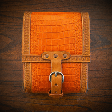 Load image into Gallery viewer, Rear Crash Bar Bag - Alligator Print Leather, On Indian Tan Leather