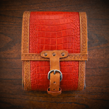 Load image into Gallery viewer, Rear Crash Bar Bag - Alligator Print Leather, On Indian Tan Leather