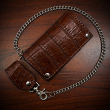 Load image into Gallery viewer, Long Biker Exotic Leather Wallet with Chain - American Alligator Leather Brown, Black Interior, Black Stitching