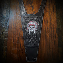 Load image into Gallery viewer, Tank Bib - Fits Indian Challenger and Pursuit, Red Accent Native American Skull Art, Western Sheridan Style Art Background, Black