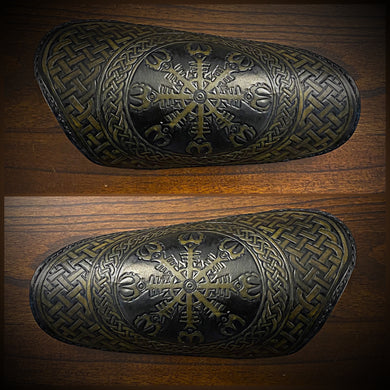 Leather Covered Handlebar Hand Guards Black, Viking Protection Rune Art